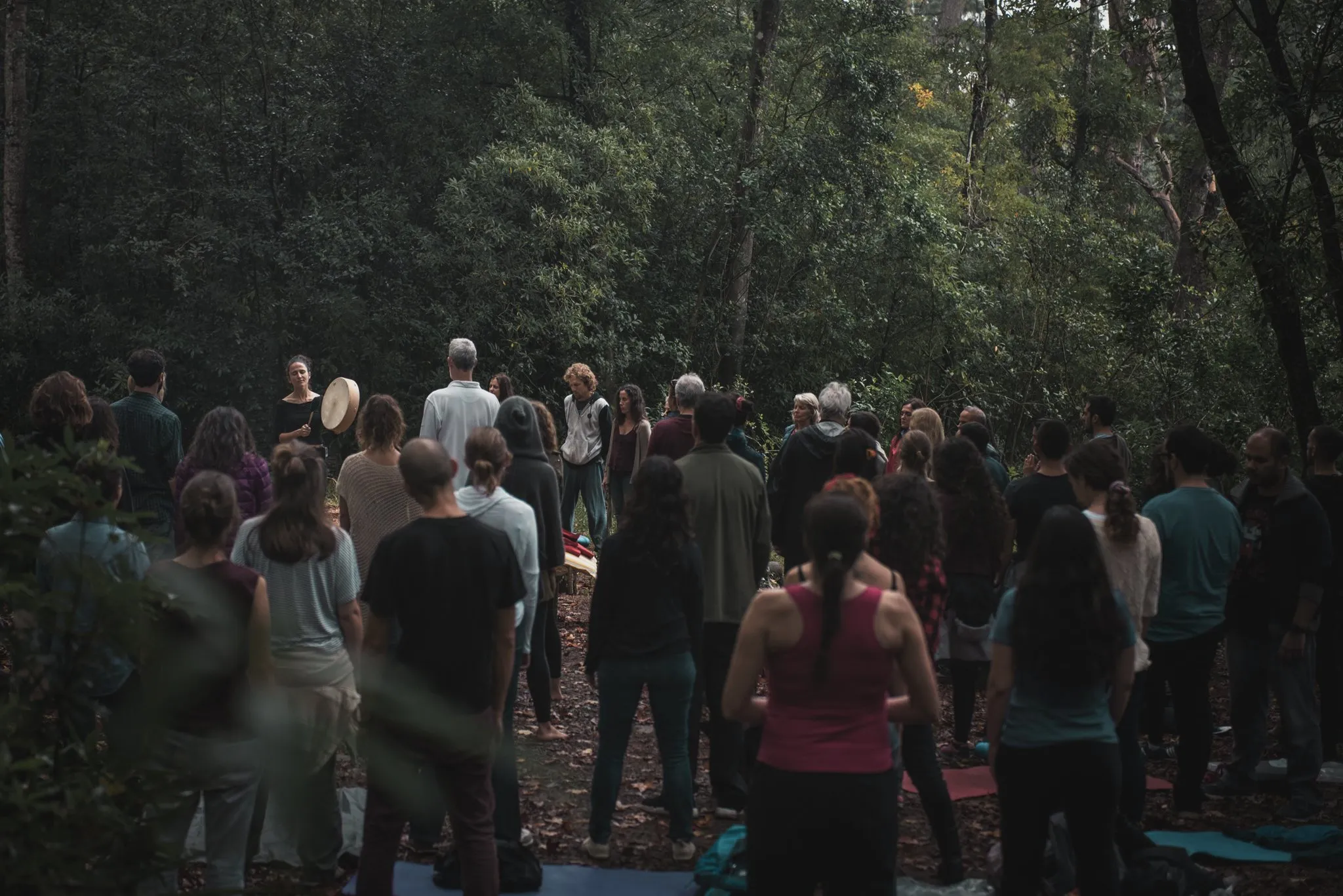 Group of people taking part in a ceremony or meditation in a forest, some in meditation posture and others standing, surrounded by trees and vegetation.