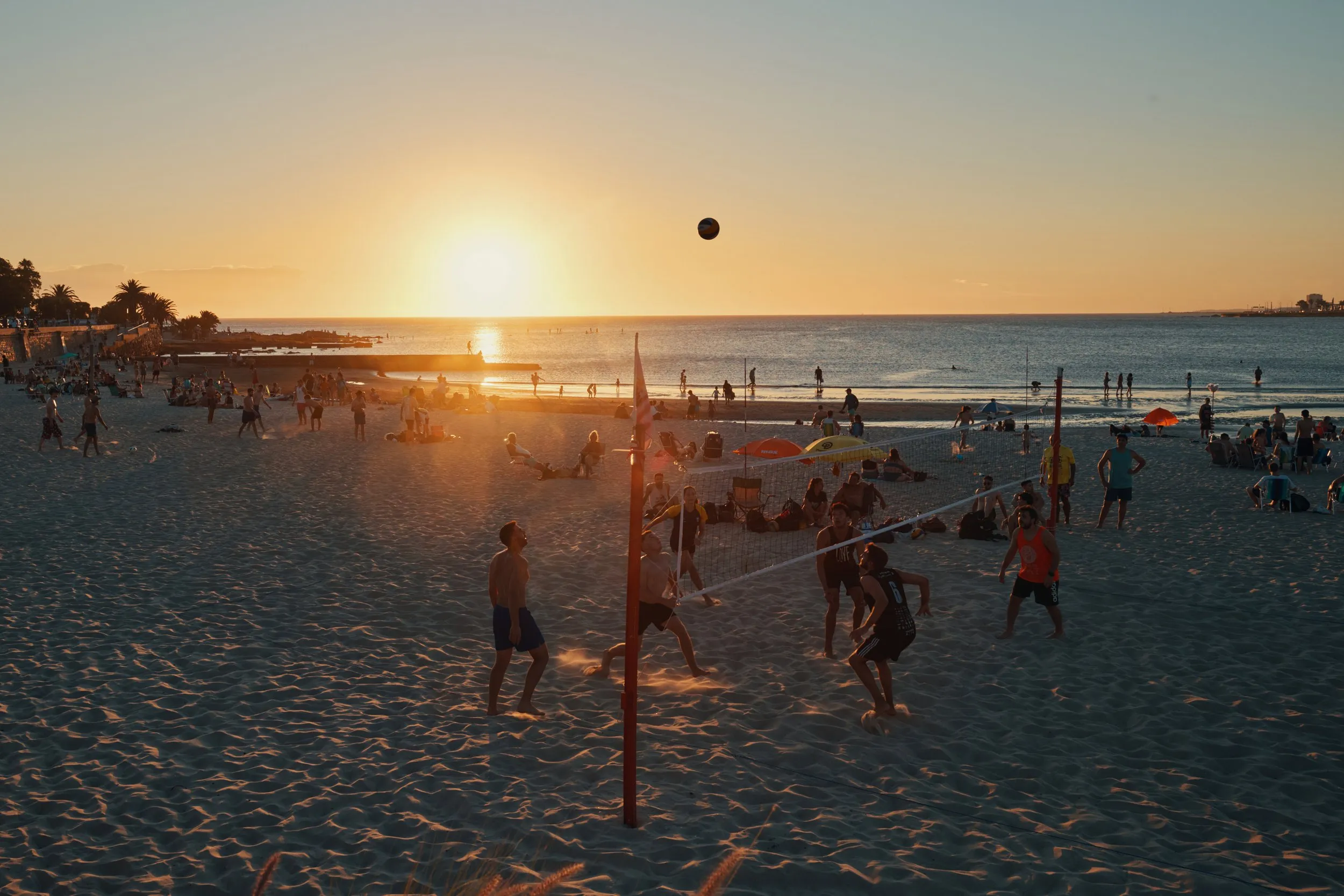A beach volleyball game at sunset, the sun going down over the water