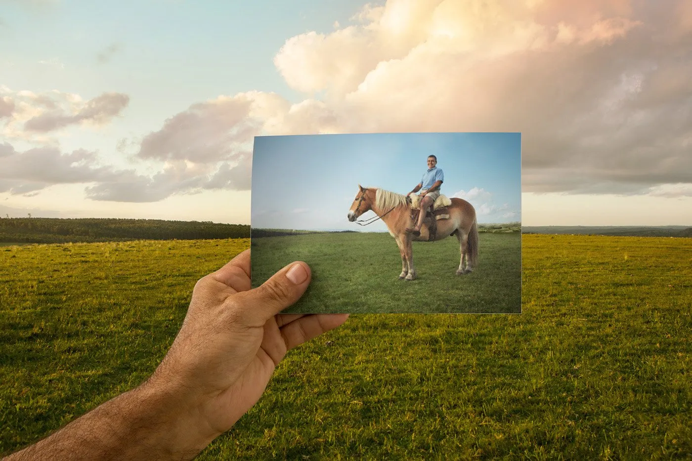 A row of green countryside under a cloudy sky, with a hand holding a photograph of a person on horseback on the grass.